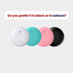 GPS tracker for children in four colours: white, black, blue and pink, displayed with smartphone
