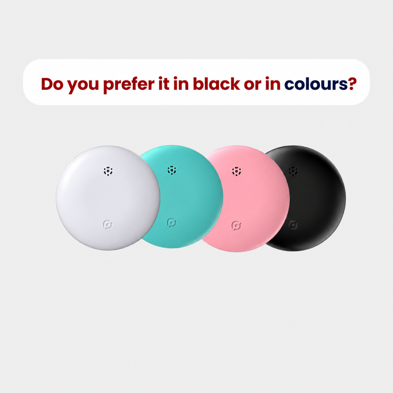 GPS tracker for children in four colours: white, black, blue and pink, displayed with smartphone