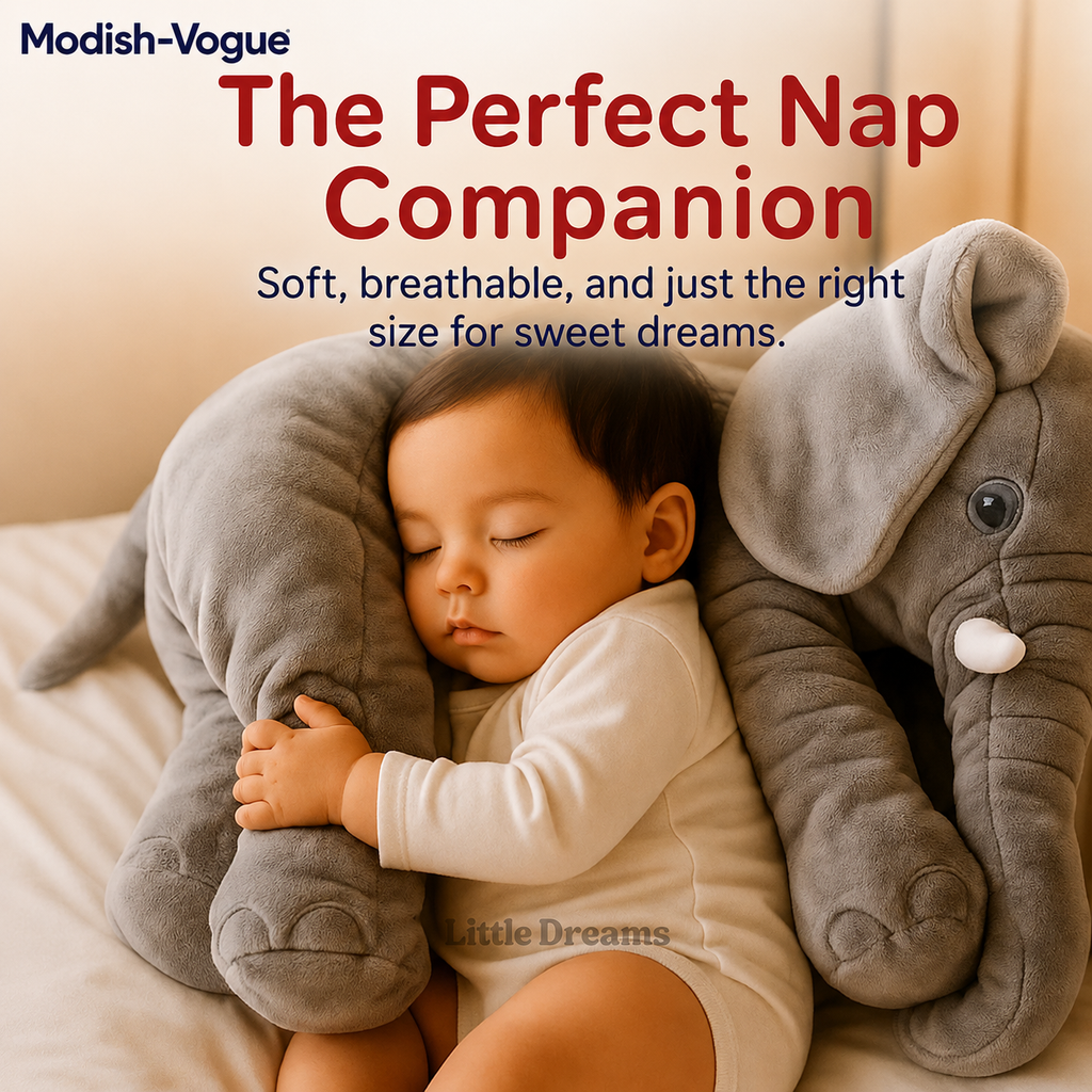 Blue elephant pillow being cuddled by toddler during naptime