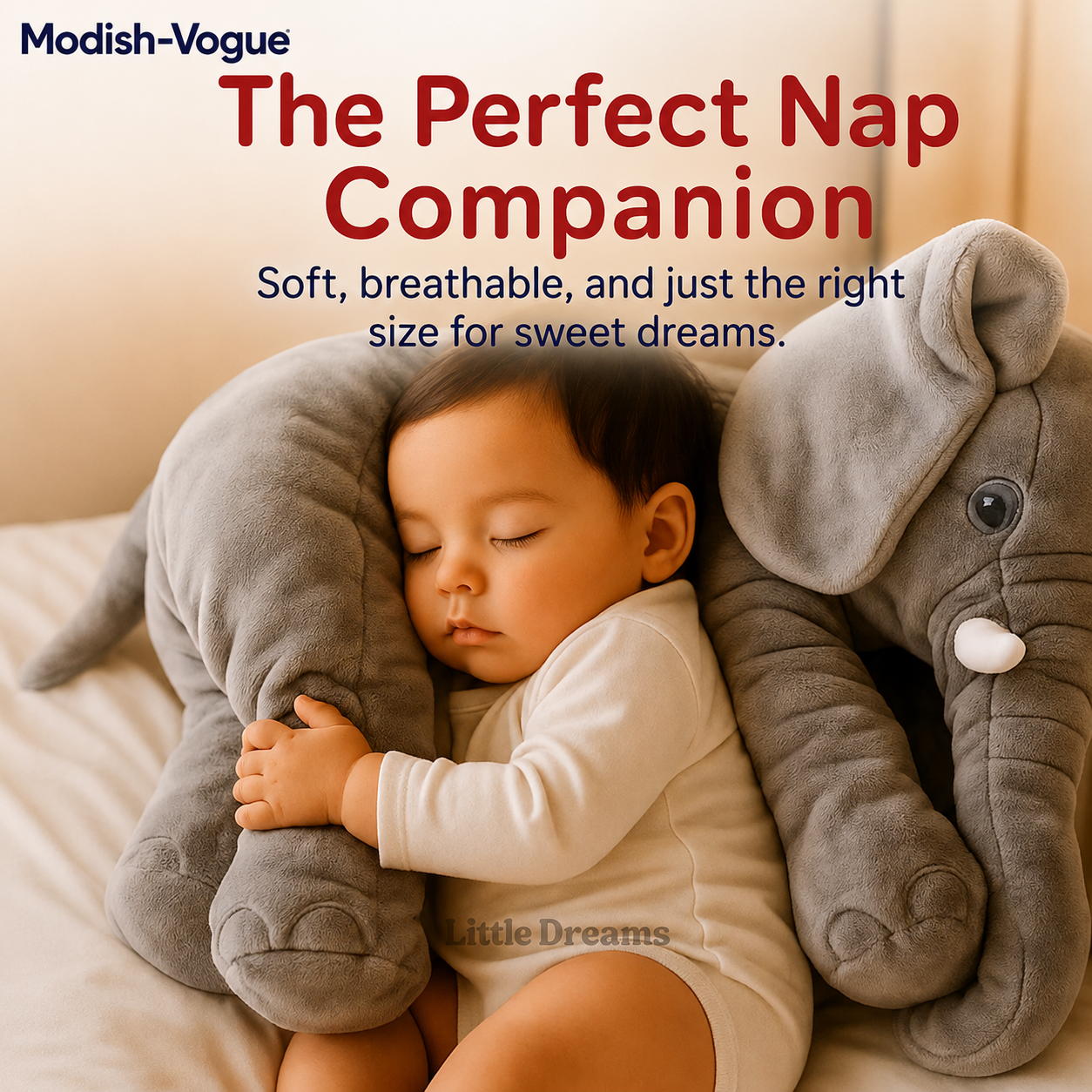 Blue elephant pillow being cuddled by toddler during naptime