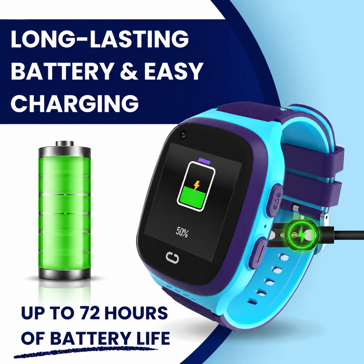 Technical specifications and battery details of the children's GPS watch