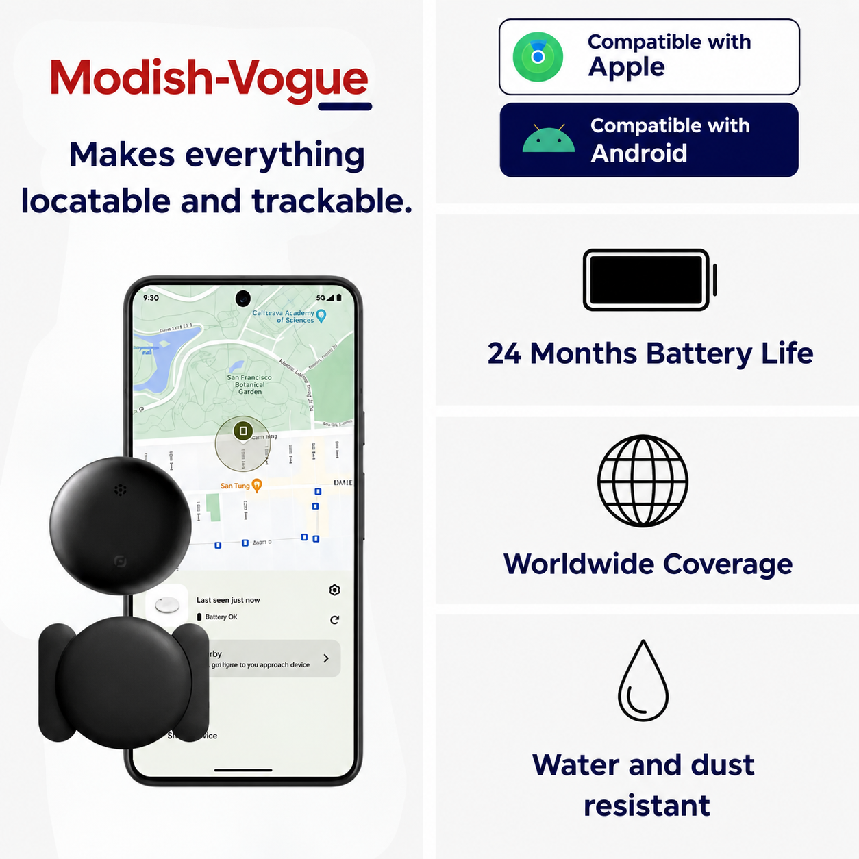 Complete GPS pet tracker package including AirTag-style holder and pack of 5 CR2032 batteries.