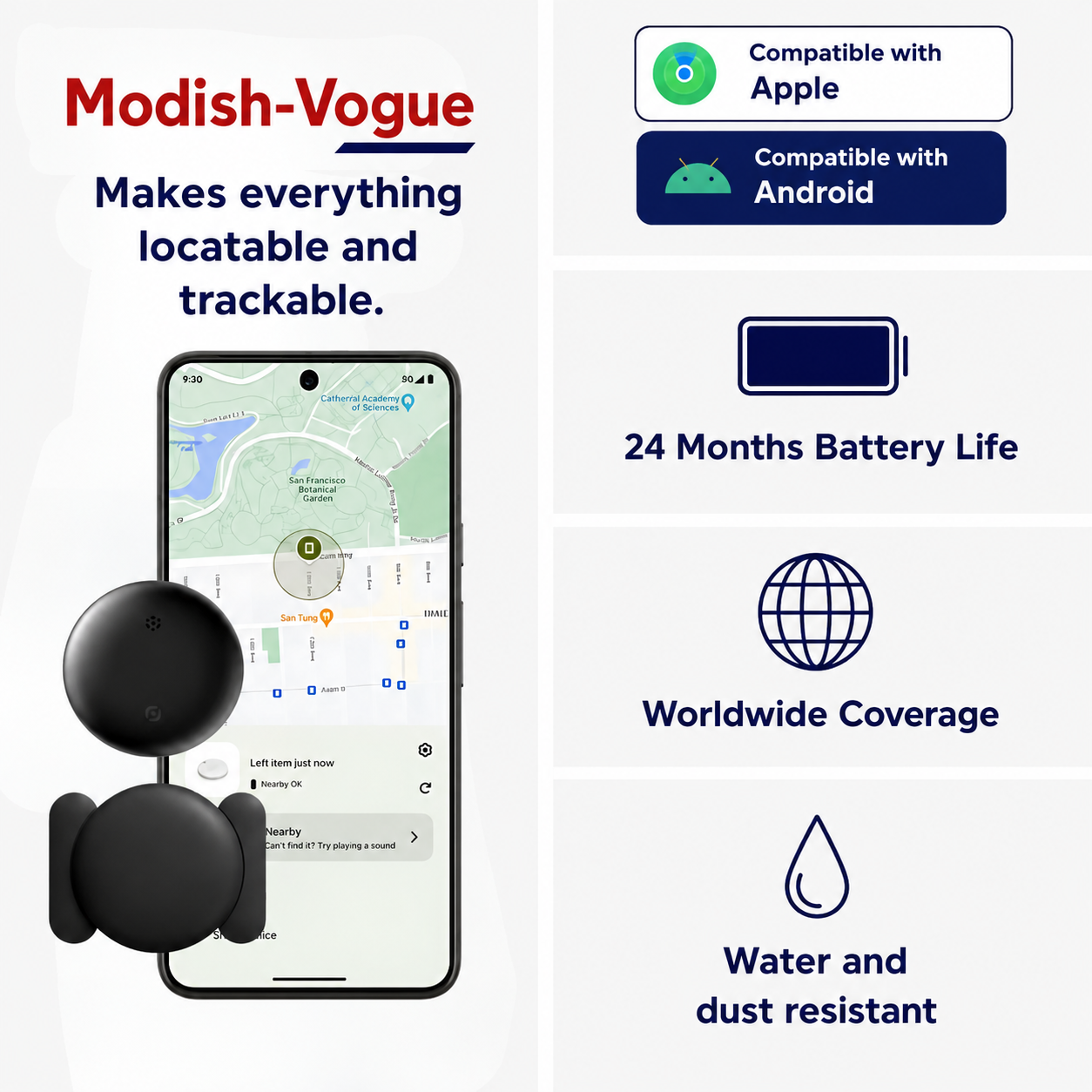 GPS tracker for bicycle package contents showing standard mount, magnetic mount and pack of 5 CR2032 batteries