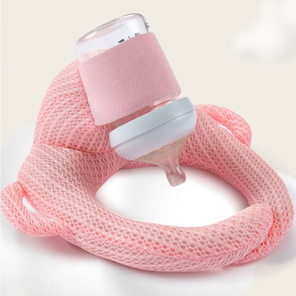 Baby Bottle Holder Pillow in pink showing wraparound head and body support