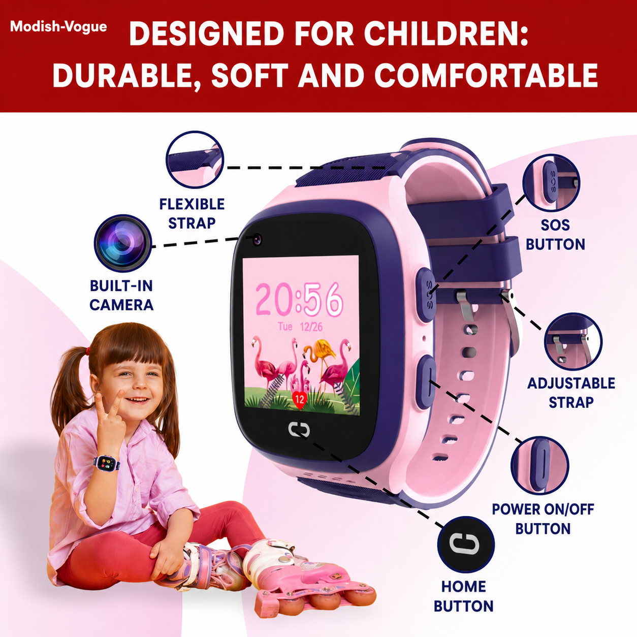 Modish-Vogue kids' smart watch with USB-C charging cable and manual included