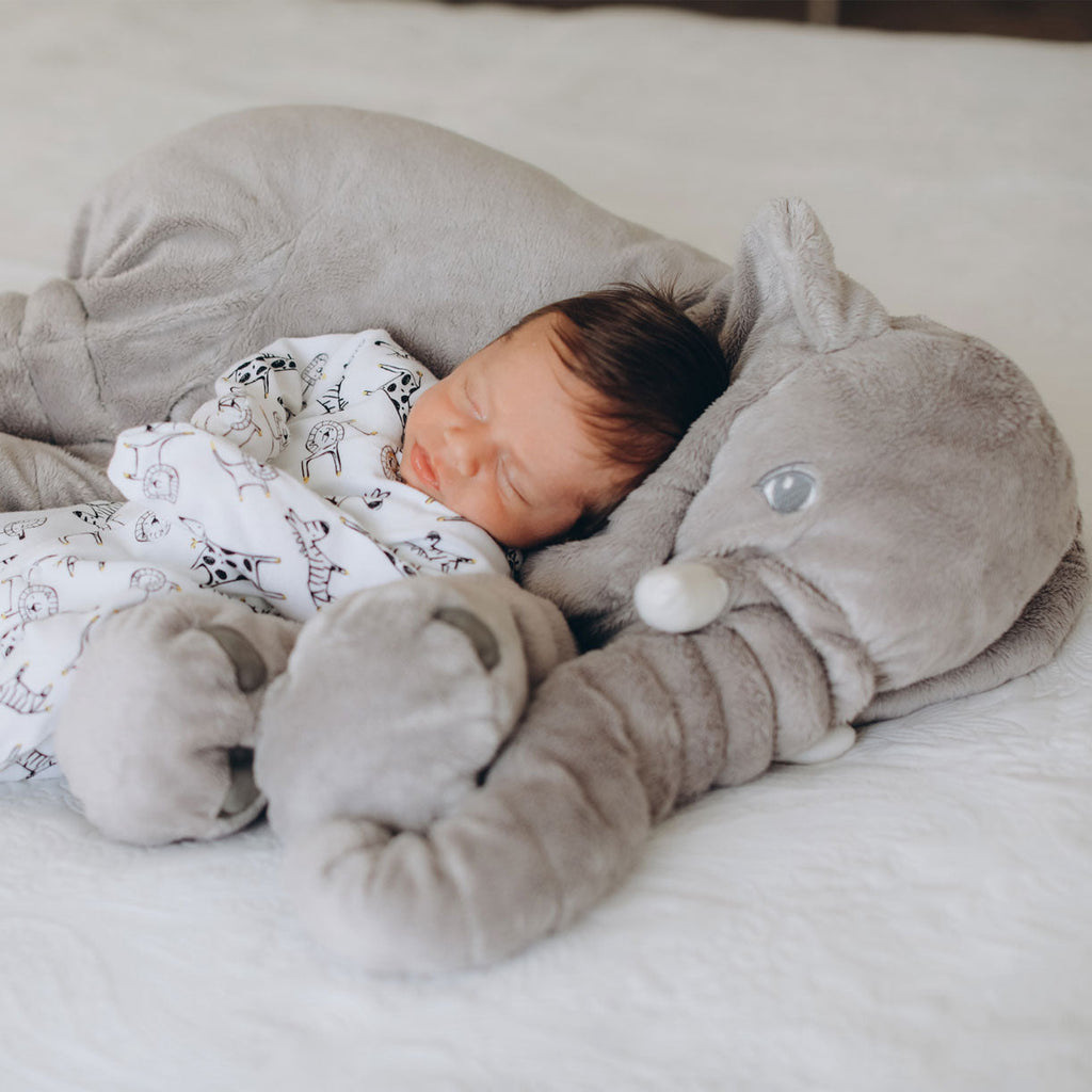 Purple elephant cuddle pillow shown in 40 cm size for babies