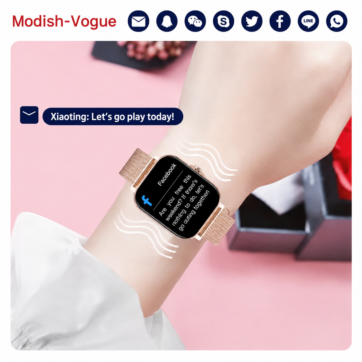 Smartwatch for Women with magnetic USB charging cable and IP67 water resistance