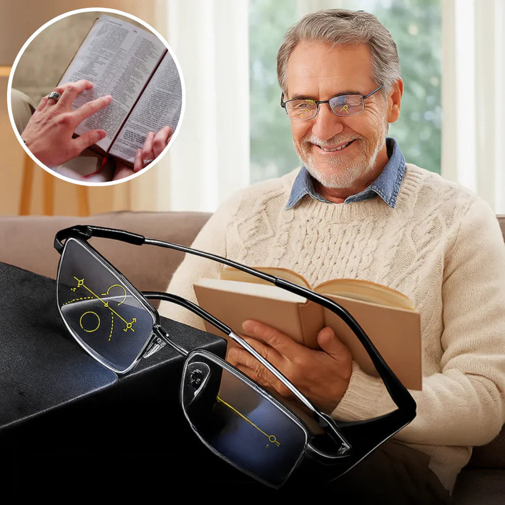 Modish-Vogue German Smart Progressive Glasses outdoors with photochromic lenses darkened for UV protection.