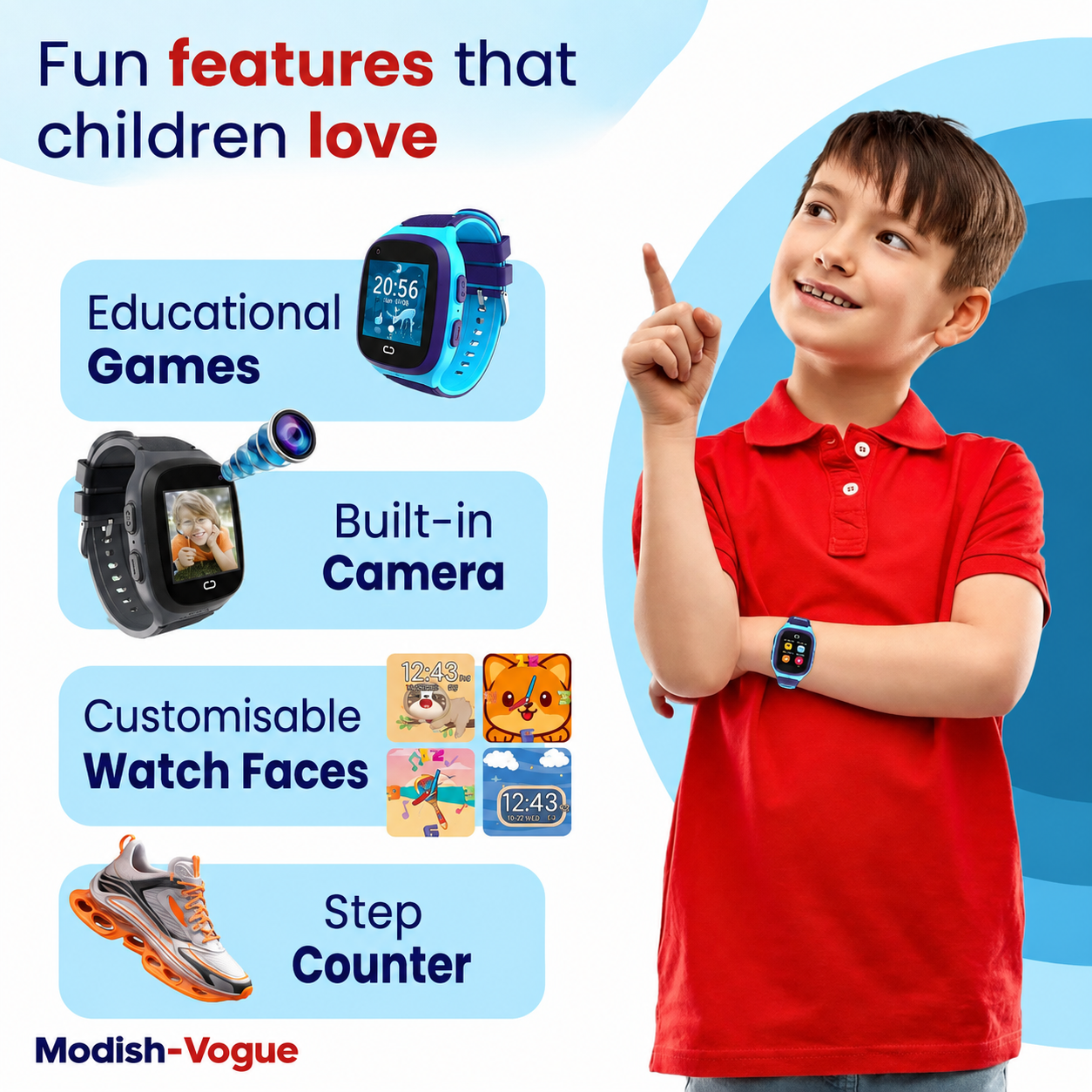 Children's smart watch with heart rate monitor and pedometer sports functions