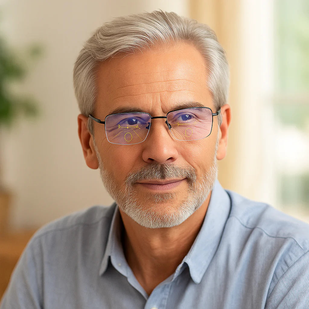 Detail of the scratch-resistant and anti-smudge coating on the German Smart Progressive Glasses lenses.