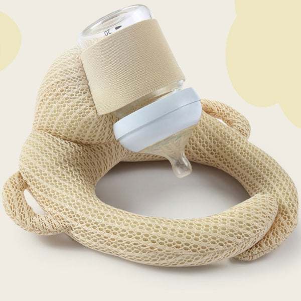 Knit-finish Baby Bottle Holder Pillow in pink with baby feeding independently