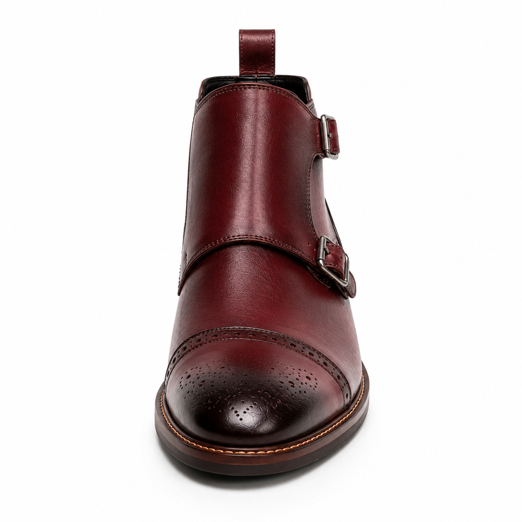 Men’s Burgundy Double Monk Strap Boots – Brogue Cap Toe Design