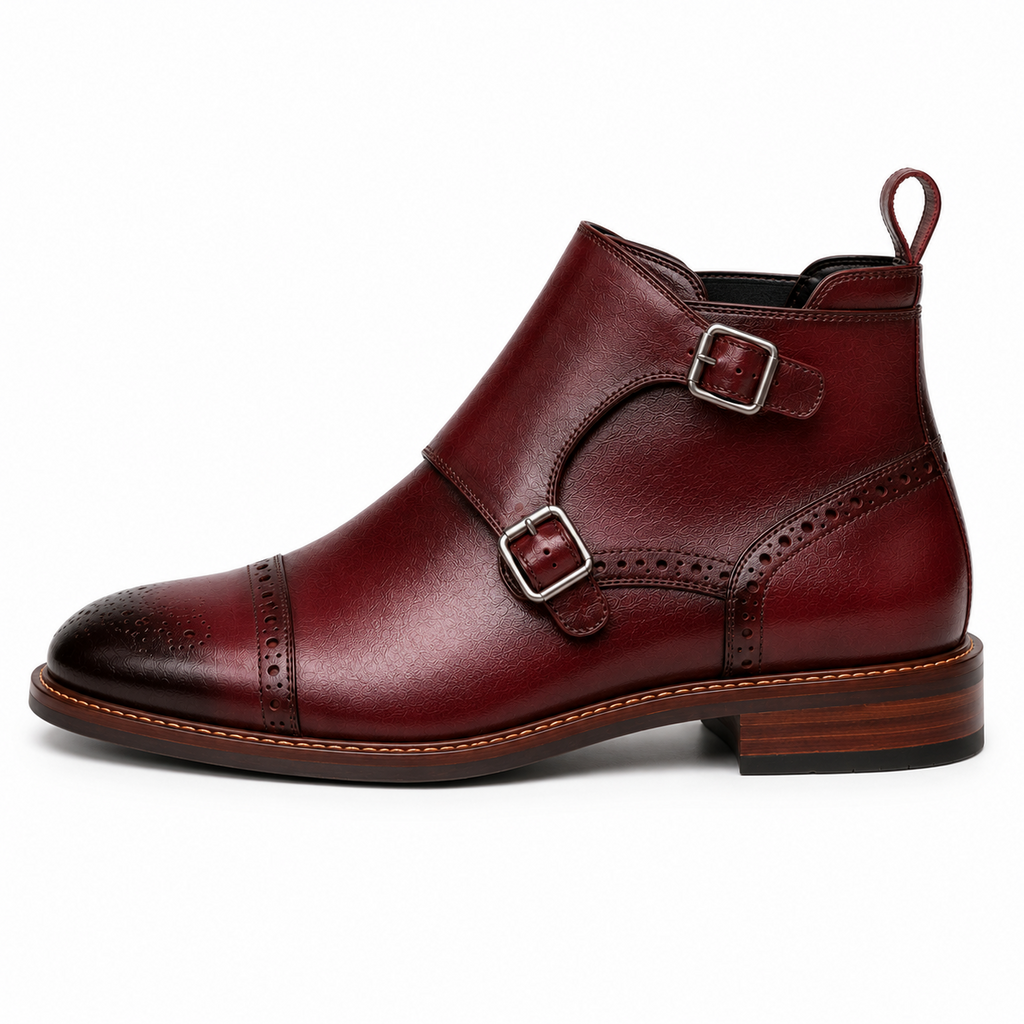 Men’s Burgundy Double Monk Strap Boots – Brogue Cap Toe Design