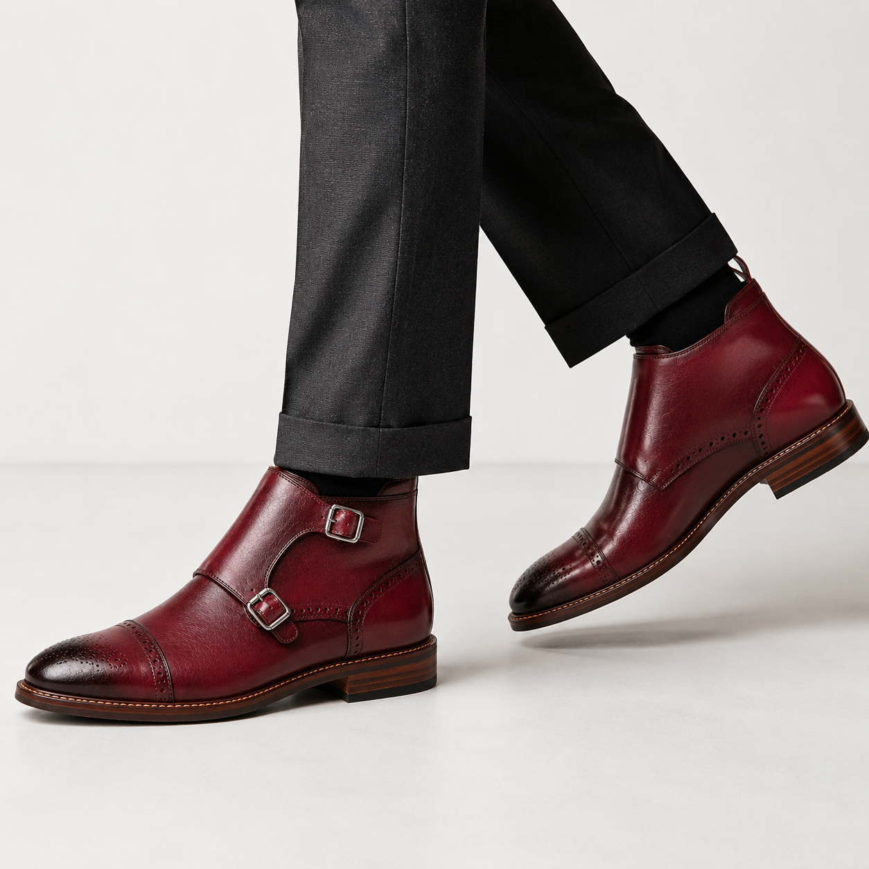 Men’s Burgundy Double Monk Strap Boots – Brogue Cap Toe Design