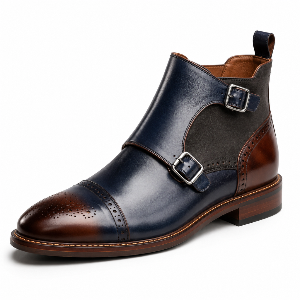 Men’s Navy Blue Double Monk Strap Boots – Brogue Cap Toe Design