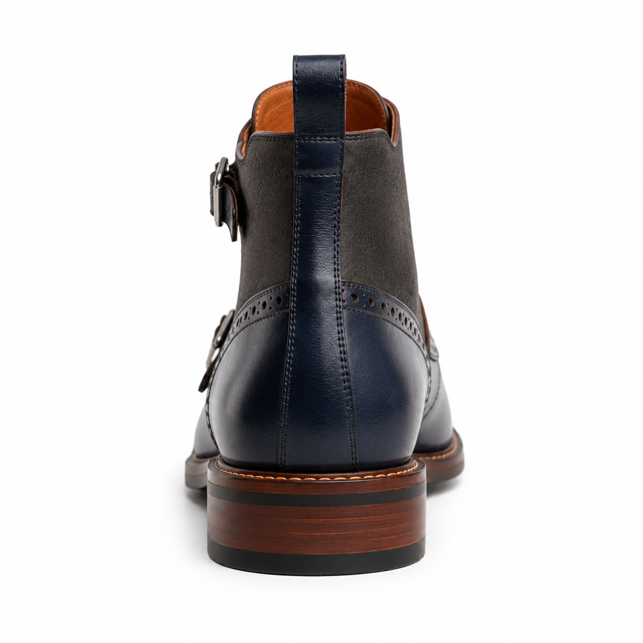 Men’s Navy Blue Double Monk Strap Boots – Brogue Cap Toe Design
