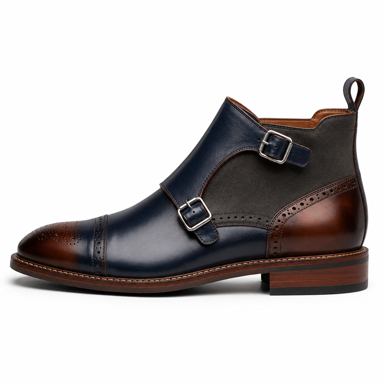 Men’s Navy Blue Double Monk Strap Boots – Brogue Cap Toe Design
