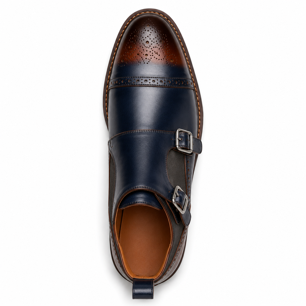 Men’s Navy Blue Double Monk Strap Boots – Brogue Cap Toe Design