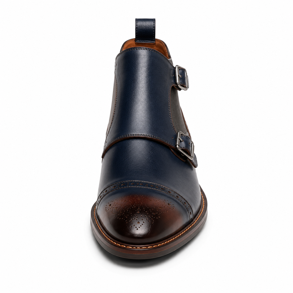Men’s Navy Blue Double Monk Strap Boots – Brogue Cap Toe Design