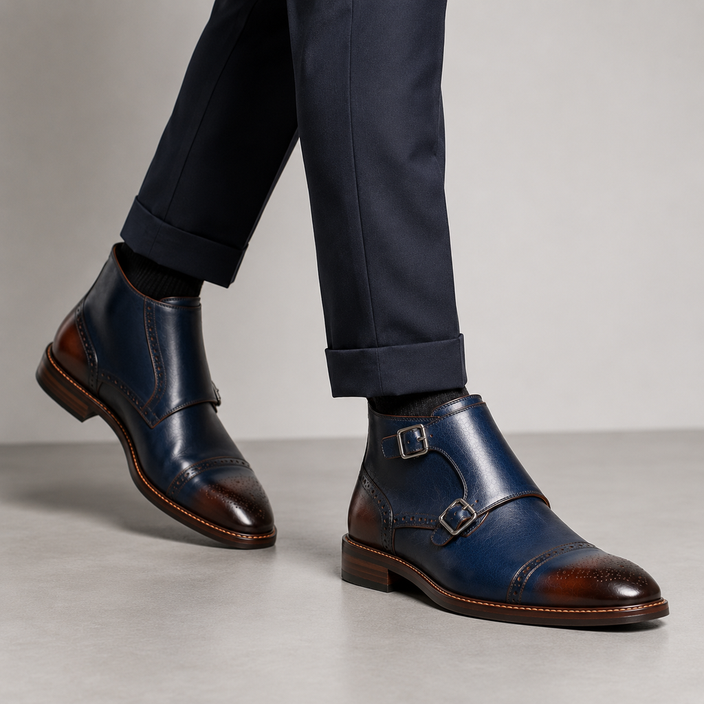 Men’s Navy Blue Double Monk Strap Boots – Brogue Cap Toe Design