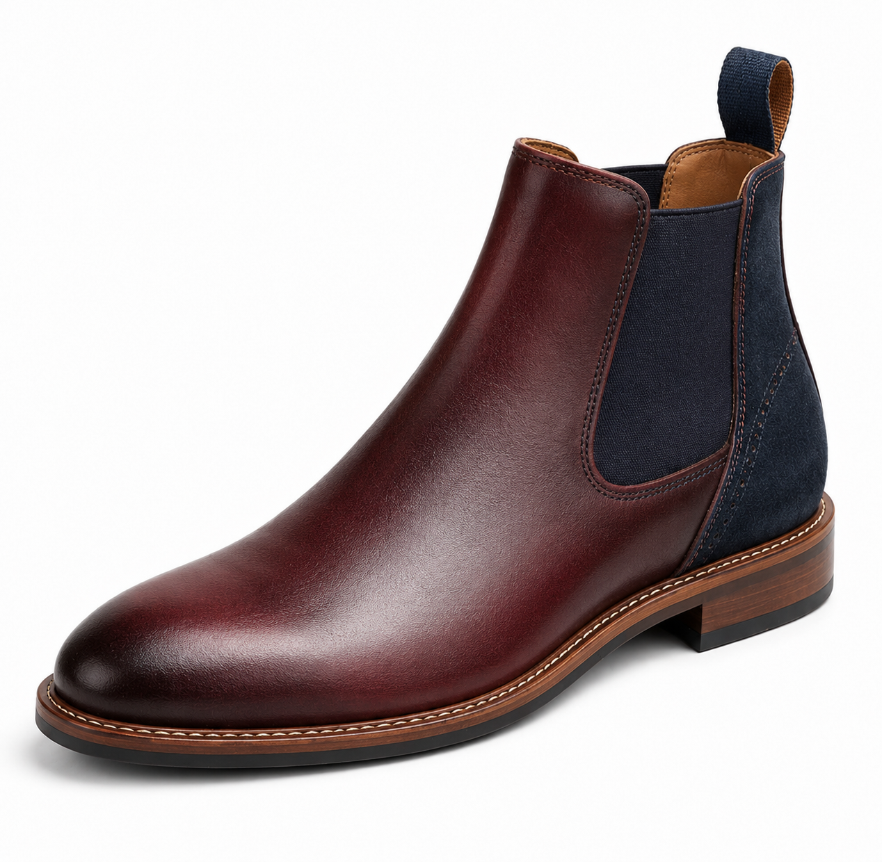 Men’s Burgundy & Navy Chelsea Boots – Two-Tone Burnished Design