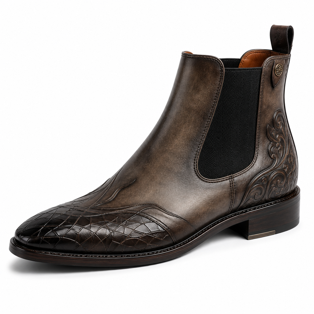 Men’s Vintage Brown Chelsea Boots – Embossed Crocodile Toe Design