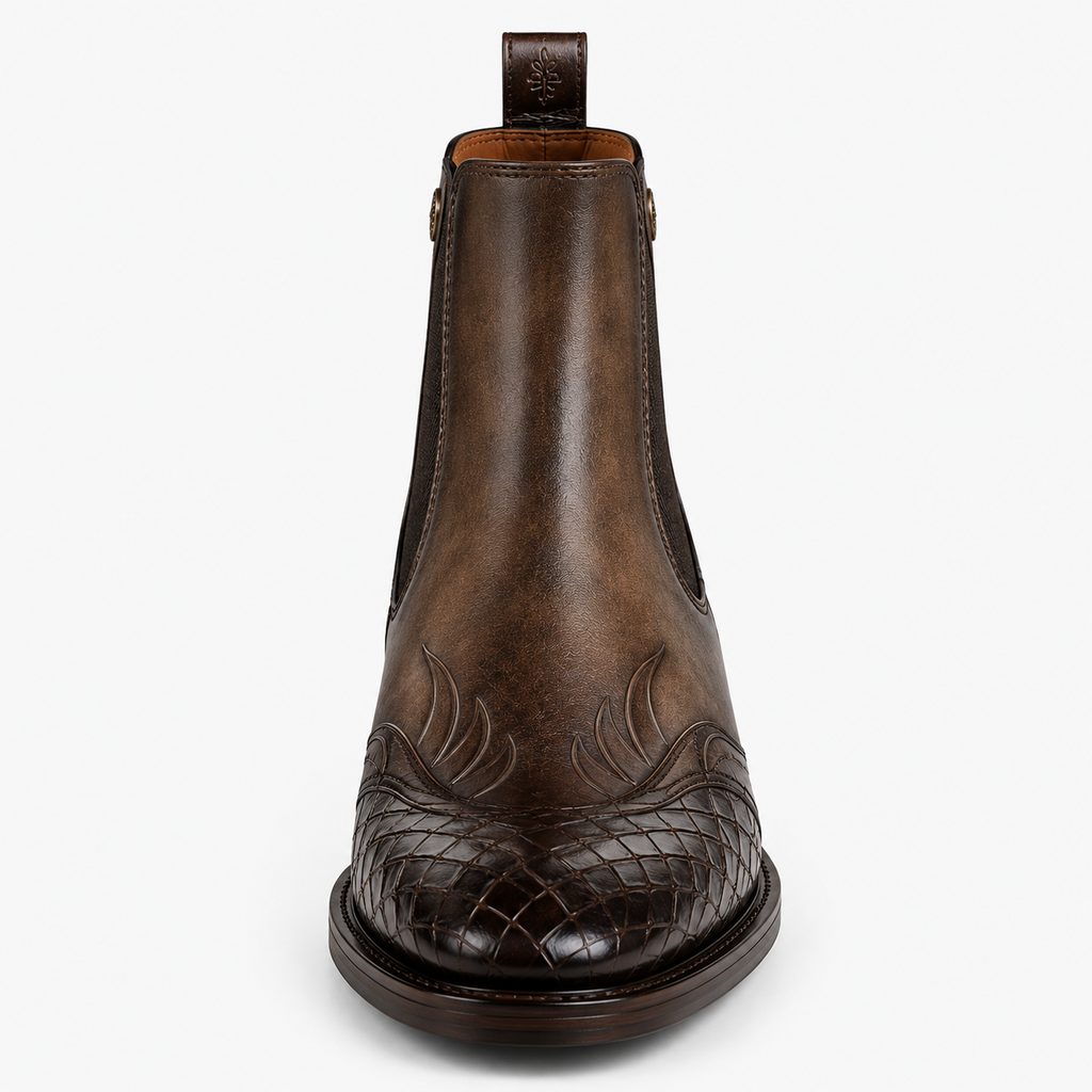 Men’s Vintage Brown Chelsea Boots – Embossed Crocodile Toe Design