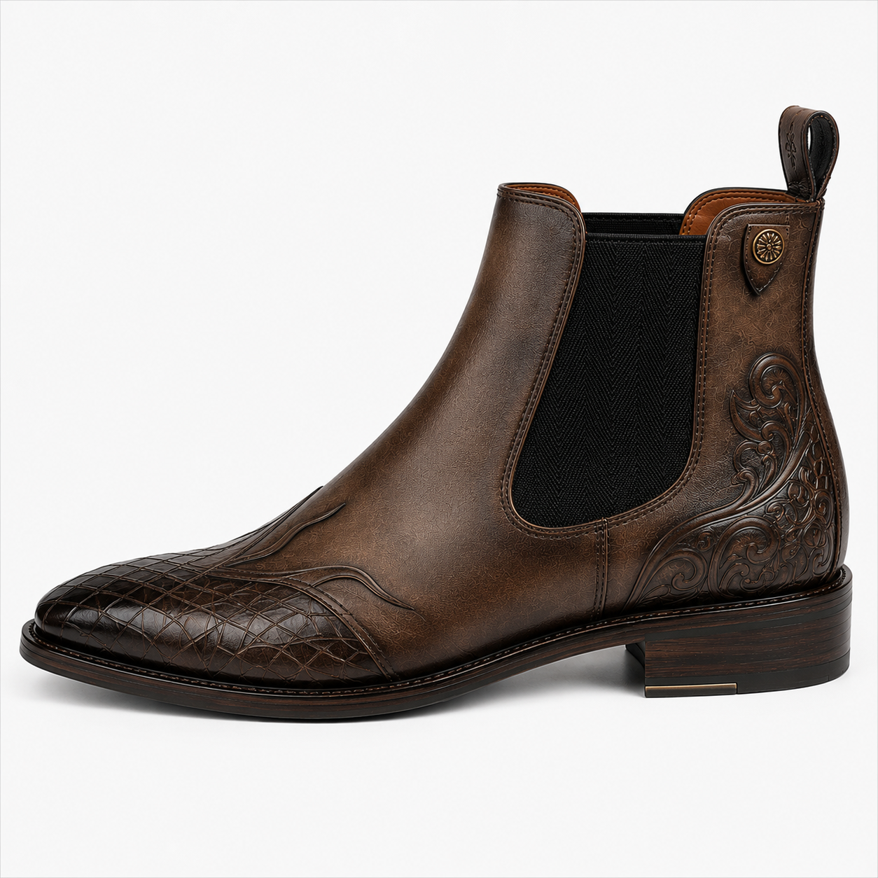 Men’s Vintage Brown Chelsea Boots – Embossed Crocodile Toe Design