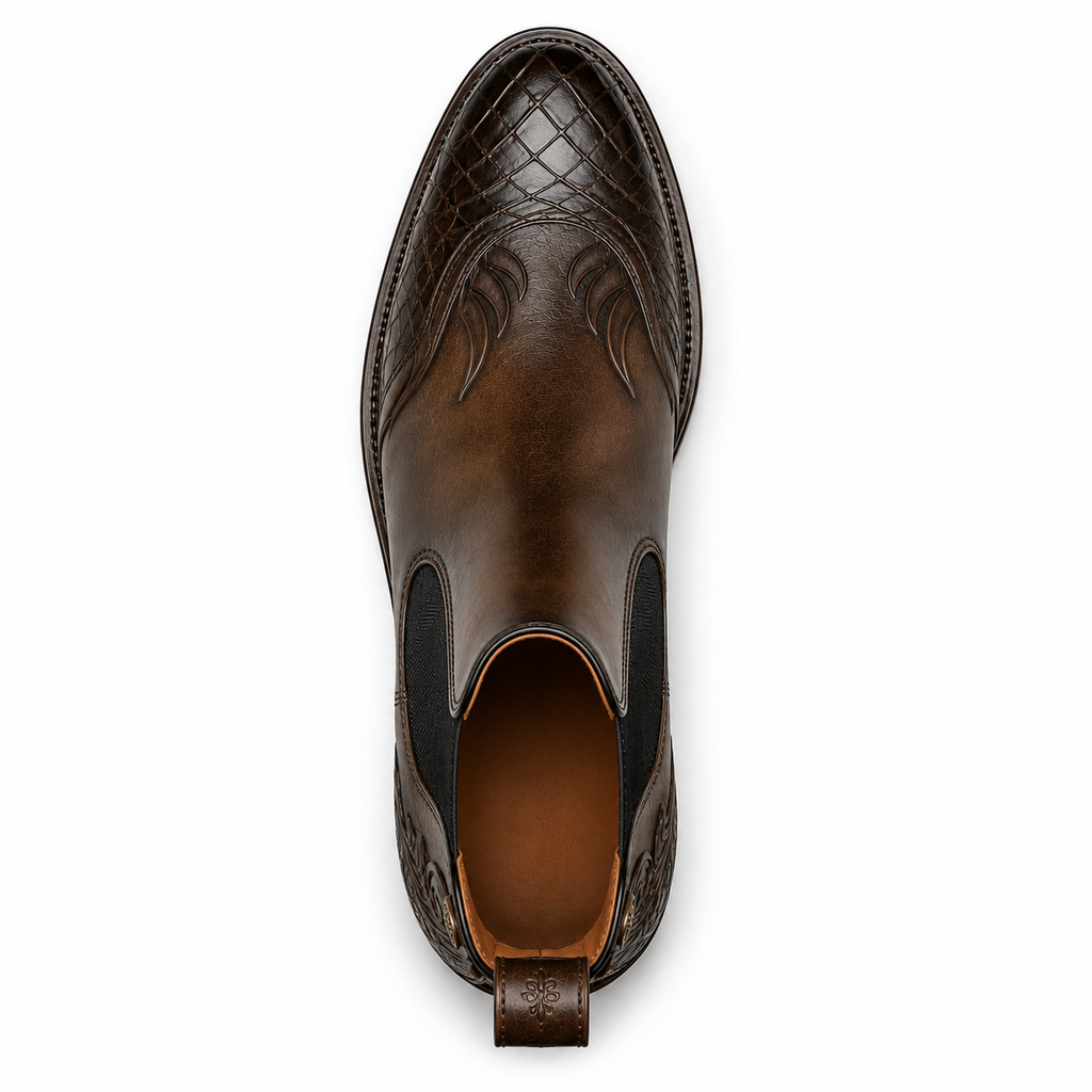 Men’s Vintage Brown Chelsea Boots – Embossed Crocodile Toe Design