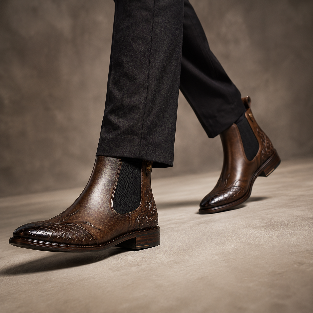 Men’s Vintage Brown Chelsea Boots – Embossed Crocodile Toe Design