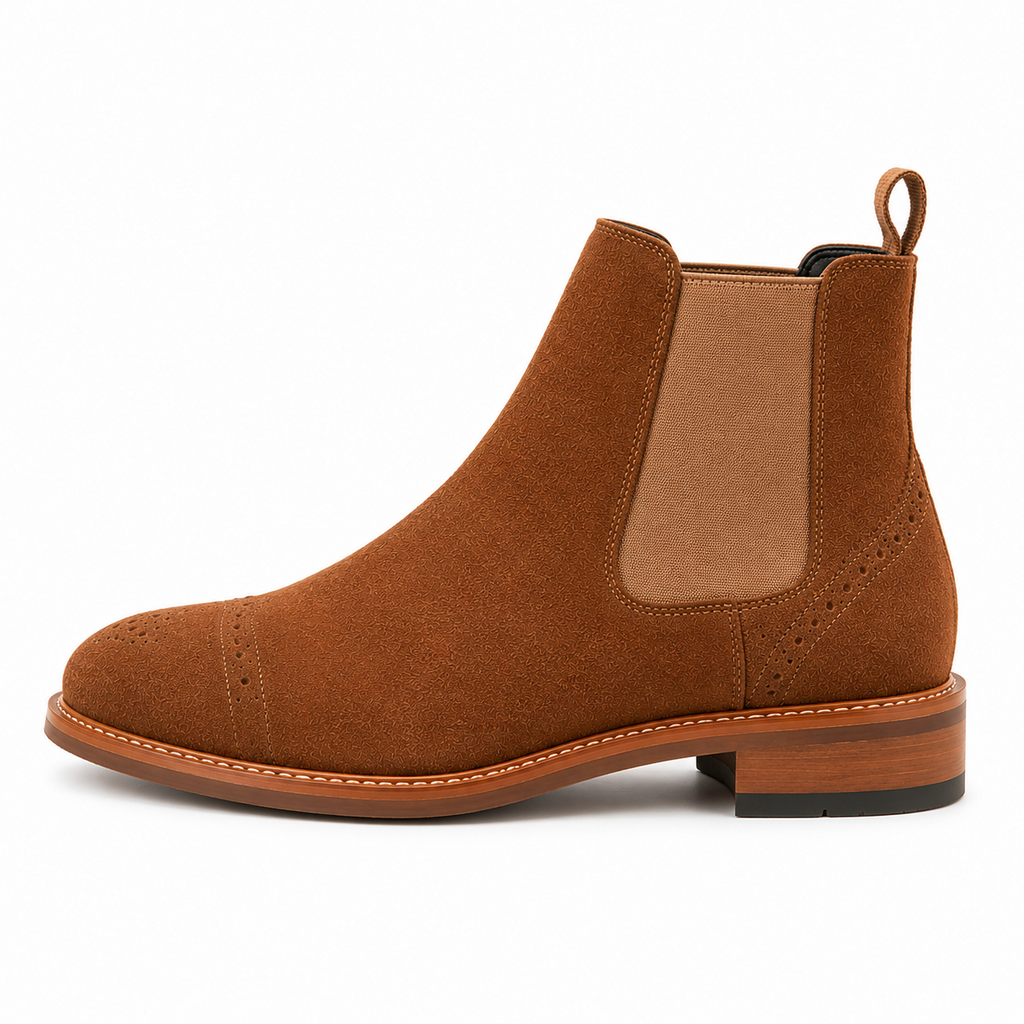 Men’s Tan Suede Chelsea Boots – Brogue Cap Toe Design