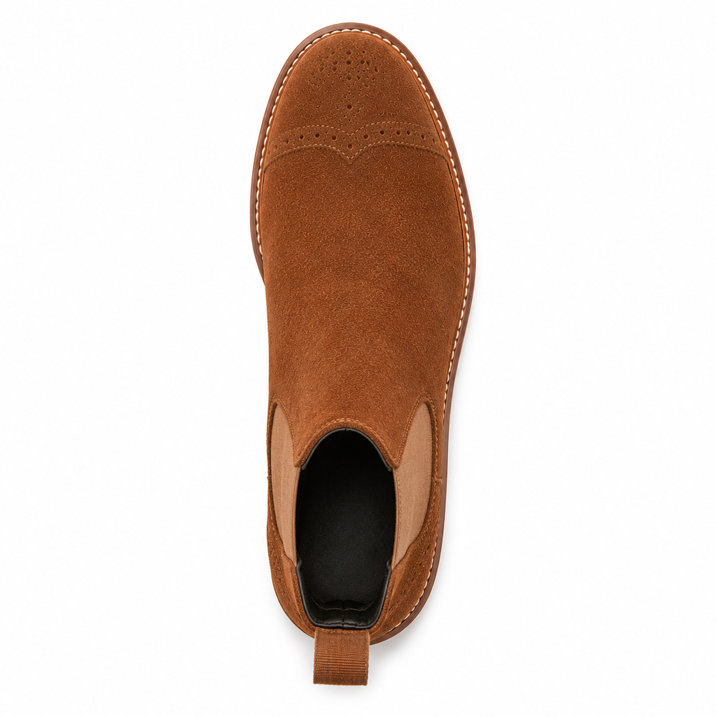 Men’s Tan Suede Chelsea Boots – Brogue Cap Toe Design