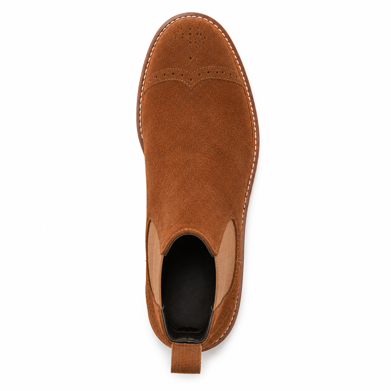 Men’s Tan Suede Chelsea Boots – Brogue Cap Toe Design