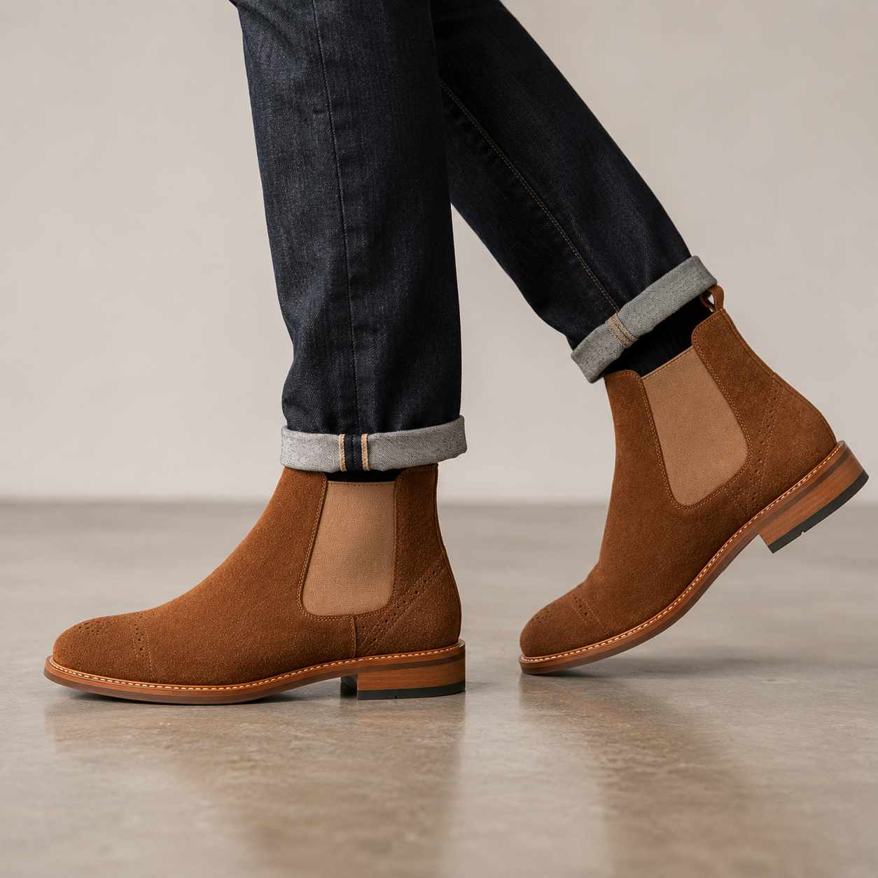 Men’s Tan Suede Chelsea Boots – Brogue Cap Toe Design