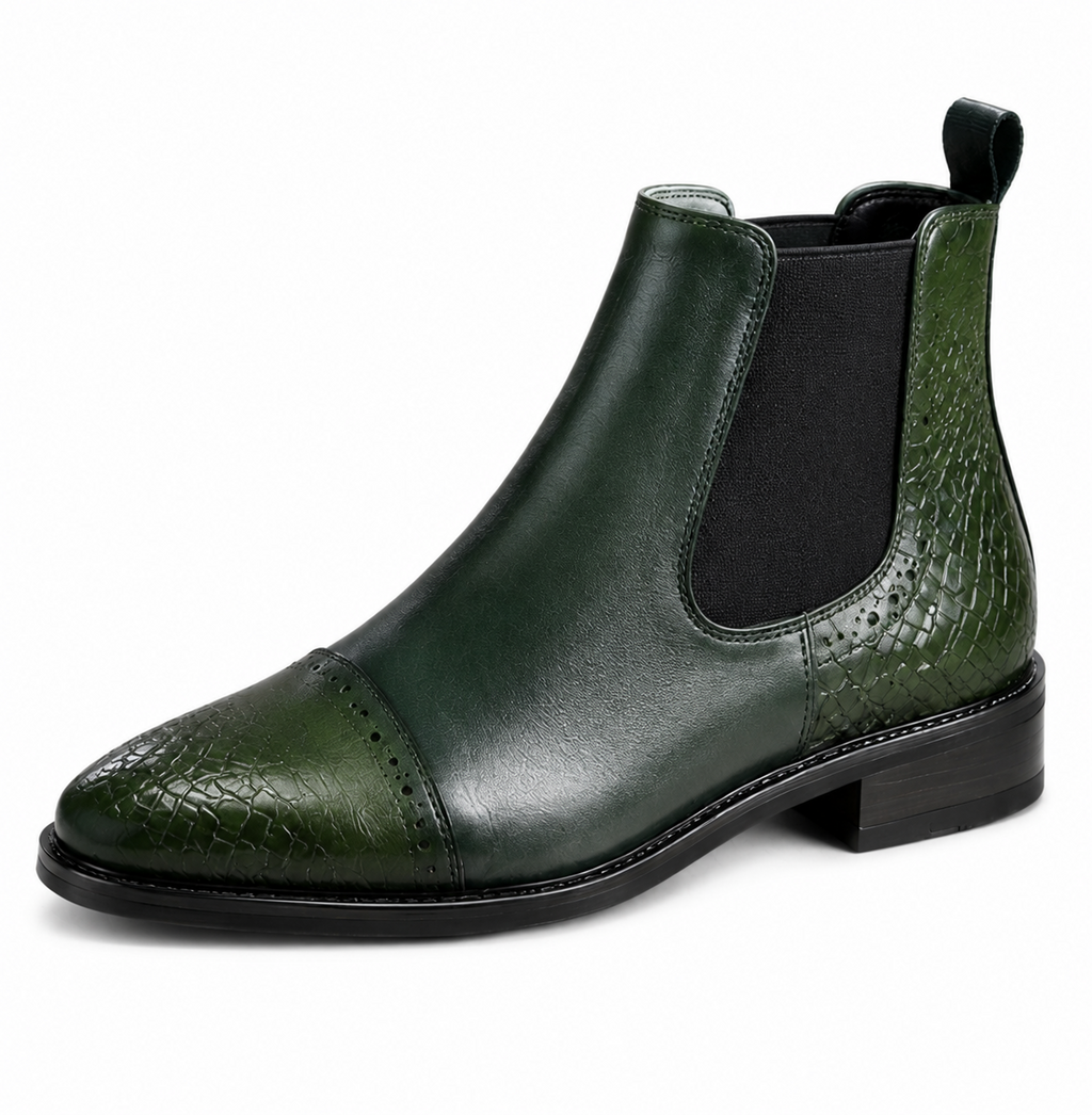 Men’s Forest Green Chelsea Boots – Crocodile Cap Toe Design