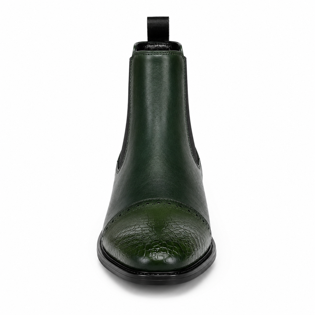 Men’s Forest Green Chelsea Boots – Crocodile Cap Toe Design