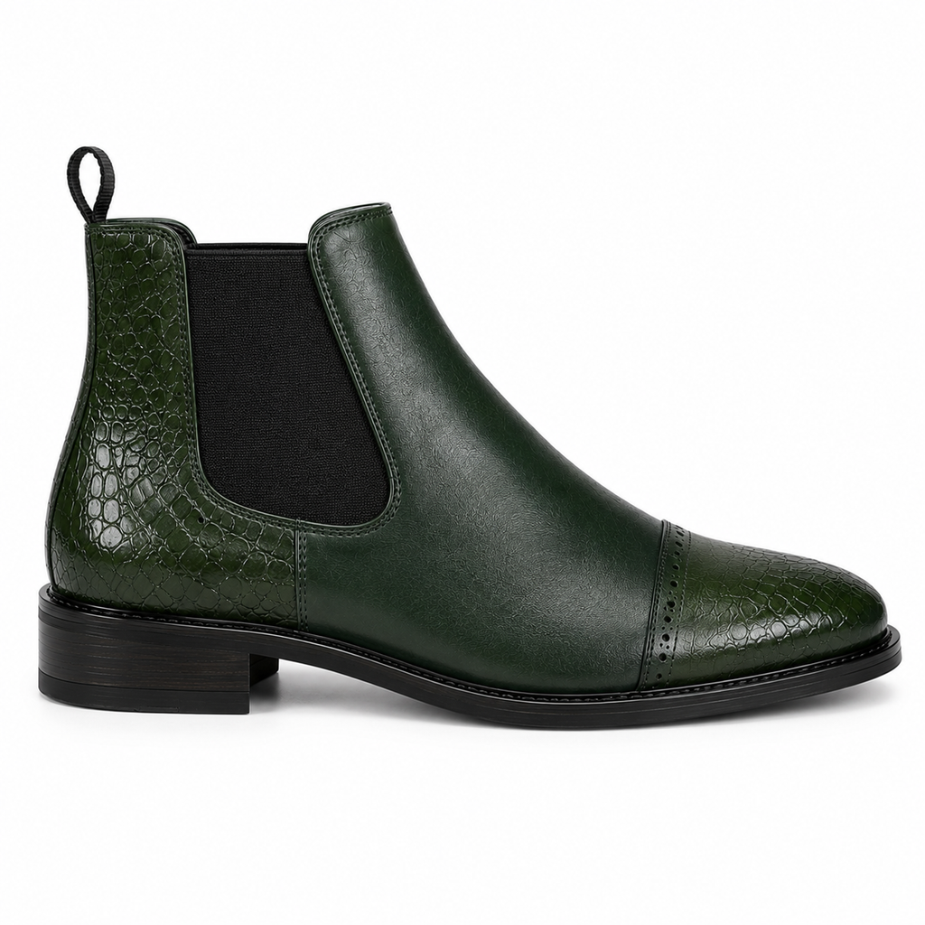 Men’s Forest Green Chelsea Boots – Crocodile Cap Toe Design