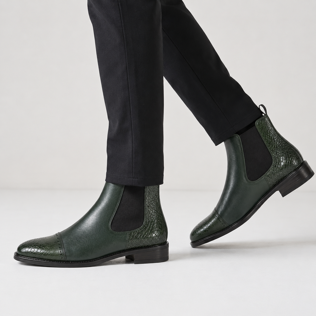 Men’s Forest Green Chelsea Boots – Crocodile Cap Toe Design