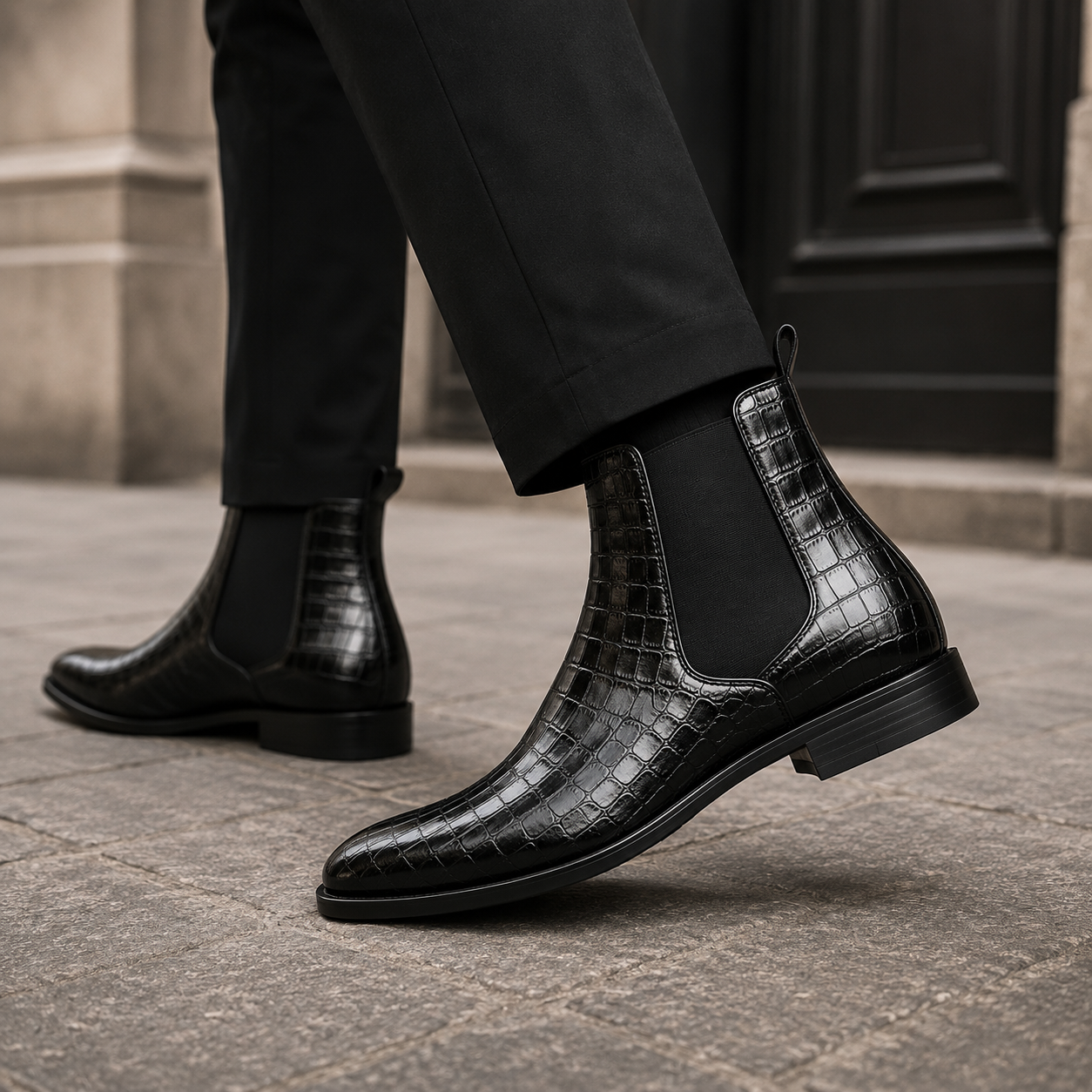 Men’s Black Chelsea Boots – Crocodile Embossed Finish