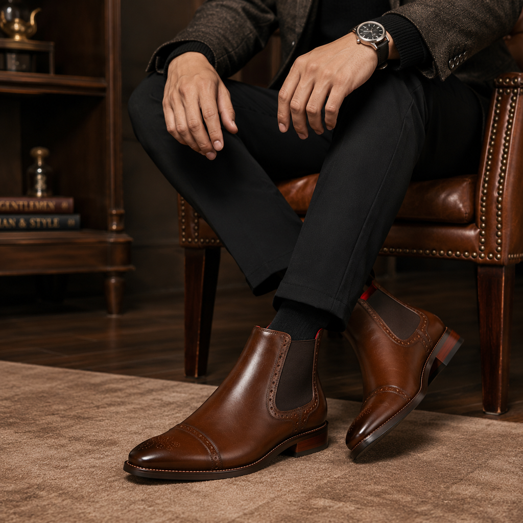 Men’s Brown Chelsea Boots – Brogue Wingtip Design