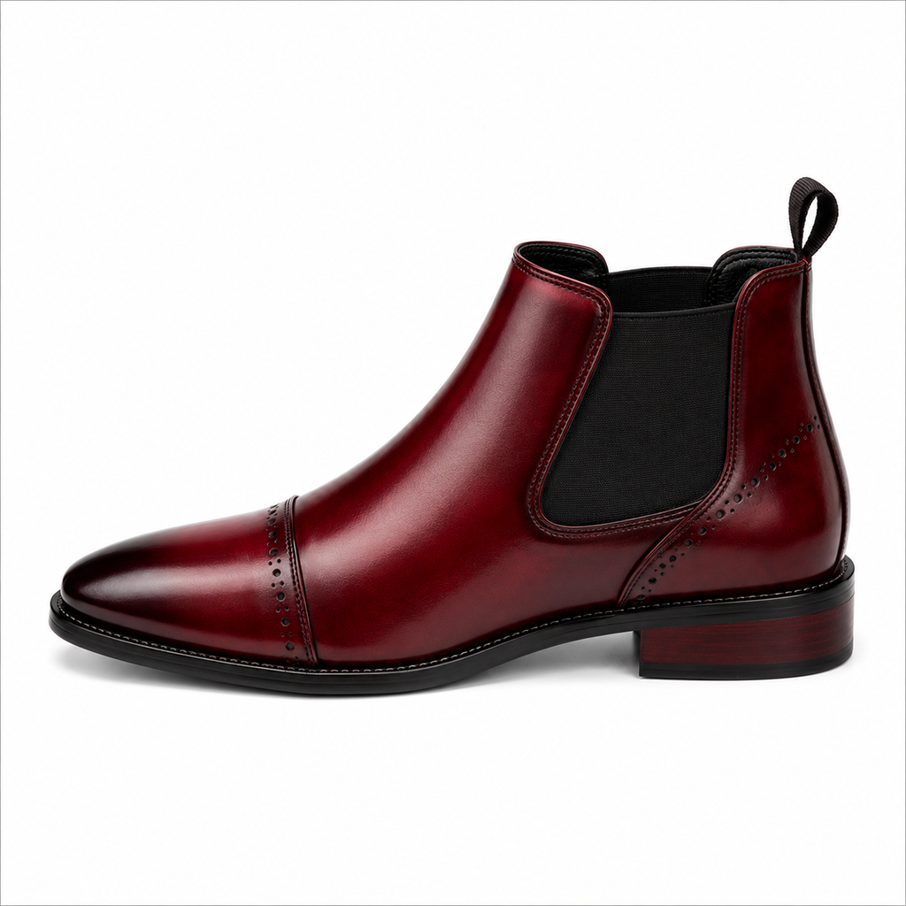 Men’s Burgundy Chelsea Boots – Brogue Cap Toe Design