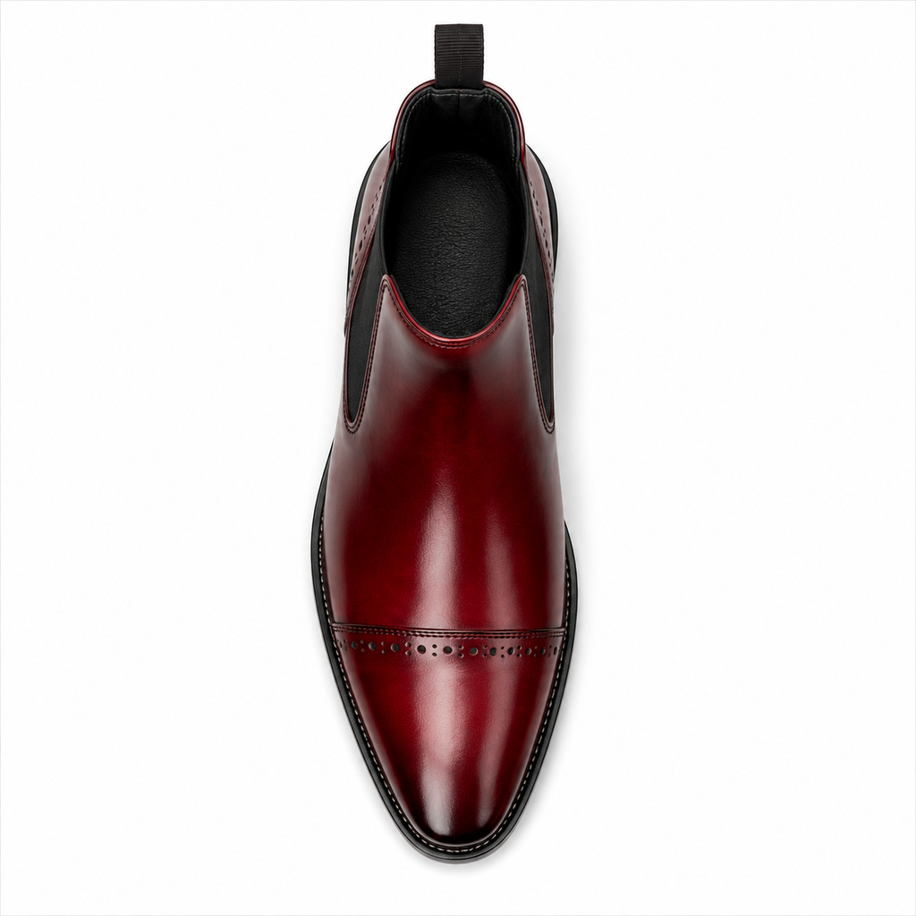 Men’s Burgundy Chelsea Boots – Brogue Cap Toe Design