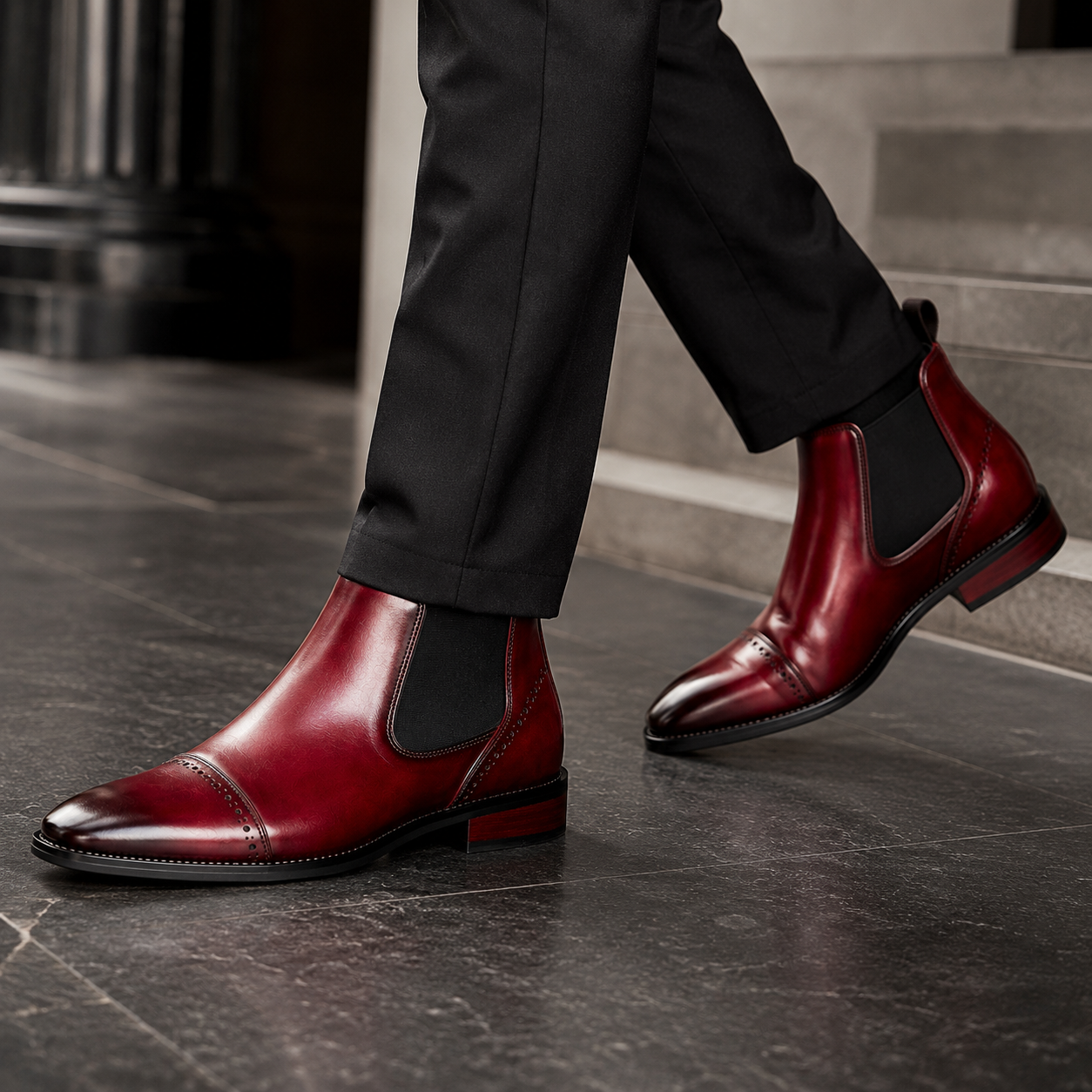 Men’s Burgundy Chelsea Boots – Brogue Cap Toe Design